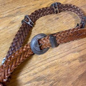 Brighton belt brown weave. Size L 38” long Vintage 2 hearts and 2 round conchos